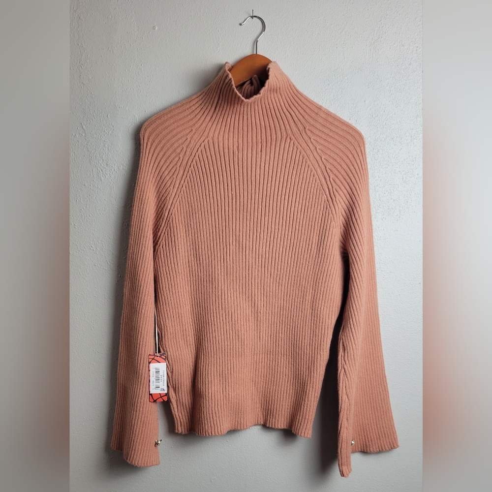 Net.153 Women's Turtleneck Sweater,  Cable Knit, Ribbed, Pastel Pumpkin SZ S/M